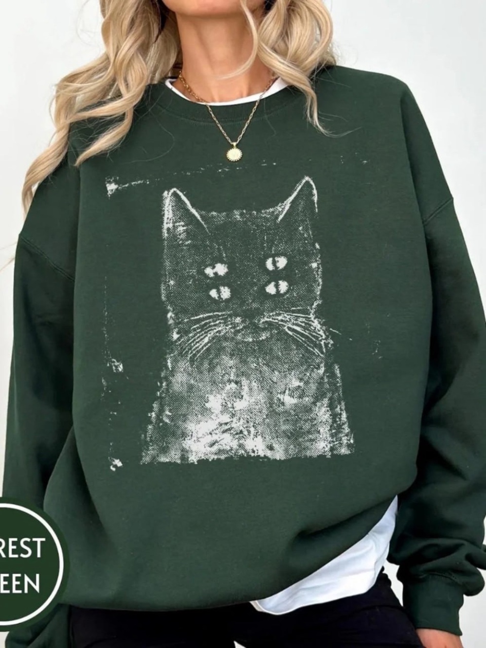 Forest Green Cat Graphic Sweatshirt